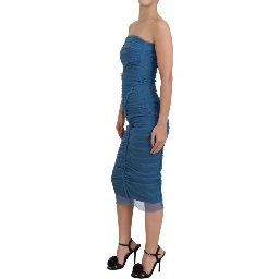 Blue Mesh Trim Ruched Tulle Sheath Dress
