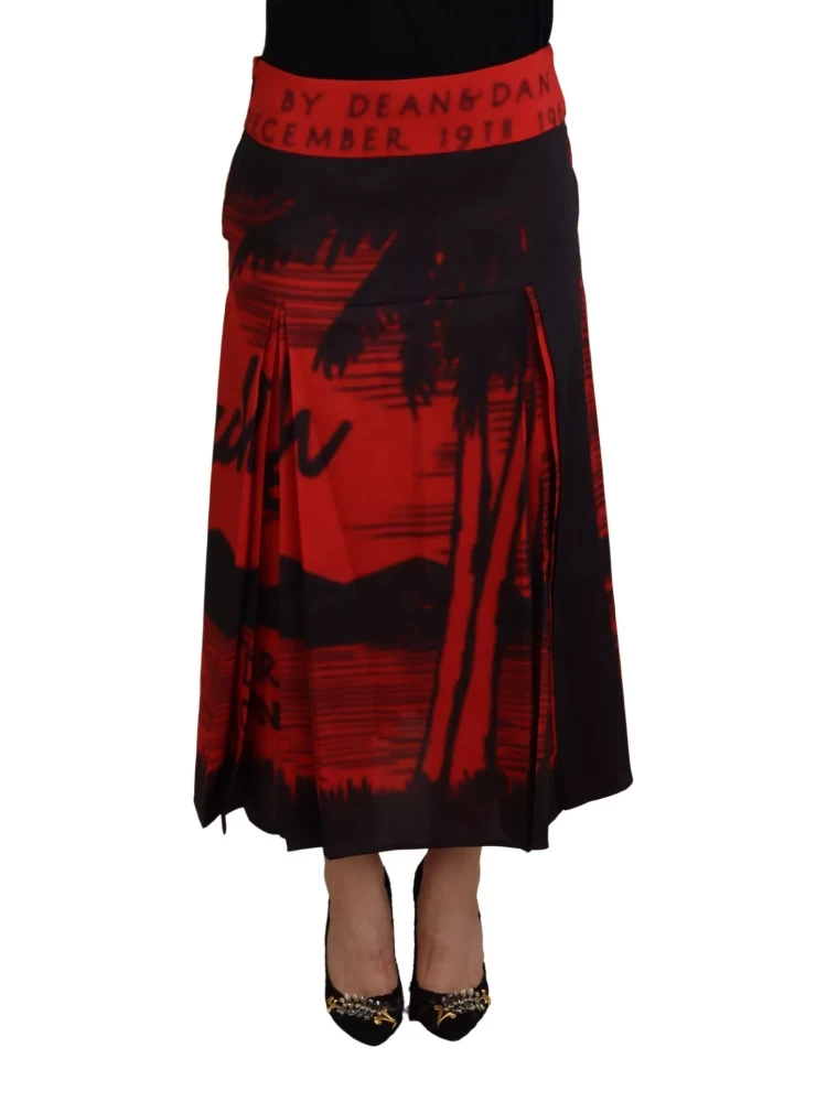 Red Printed High Waist A-line Pleated Midi Skirt