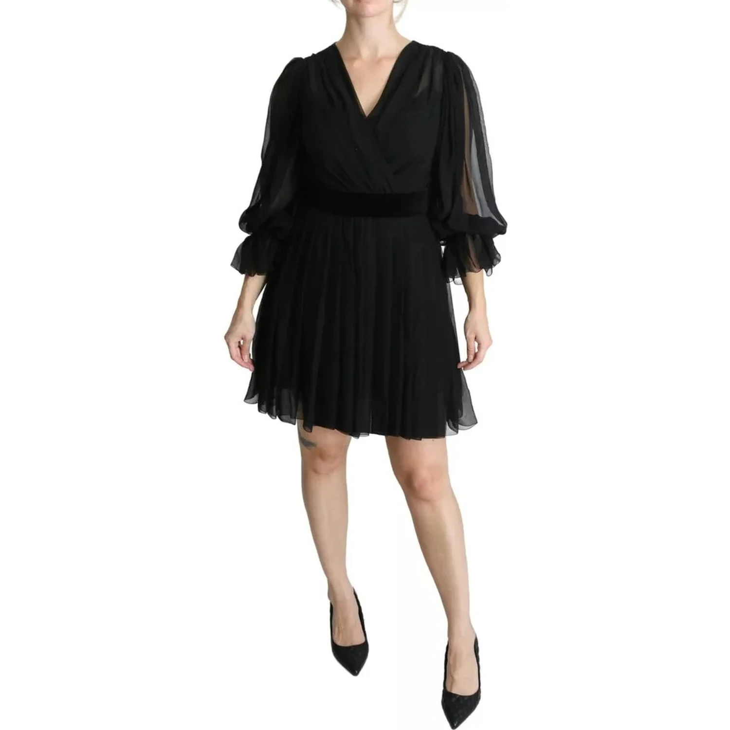 Black Mesh Pleated Mini Silk Blend Dress