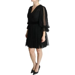 Black Mesh Pleated Mini Silk Blend Dress