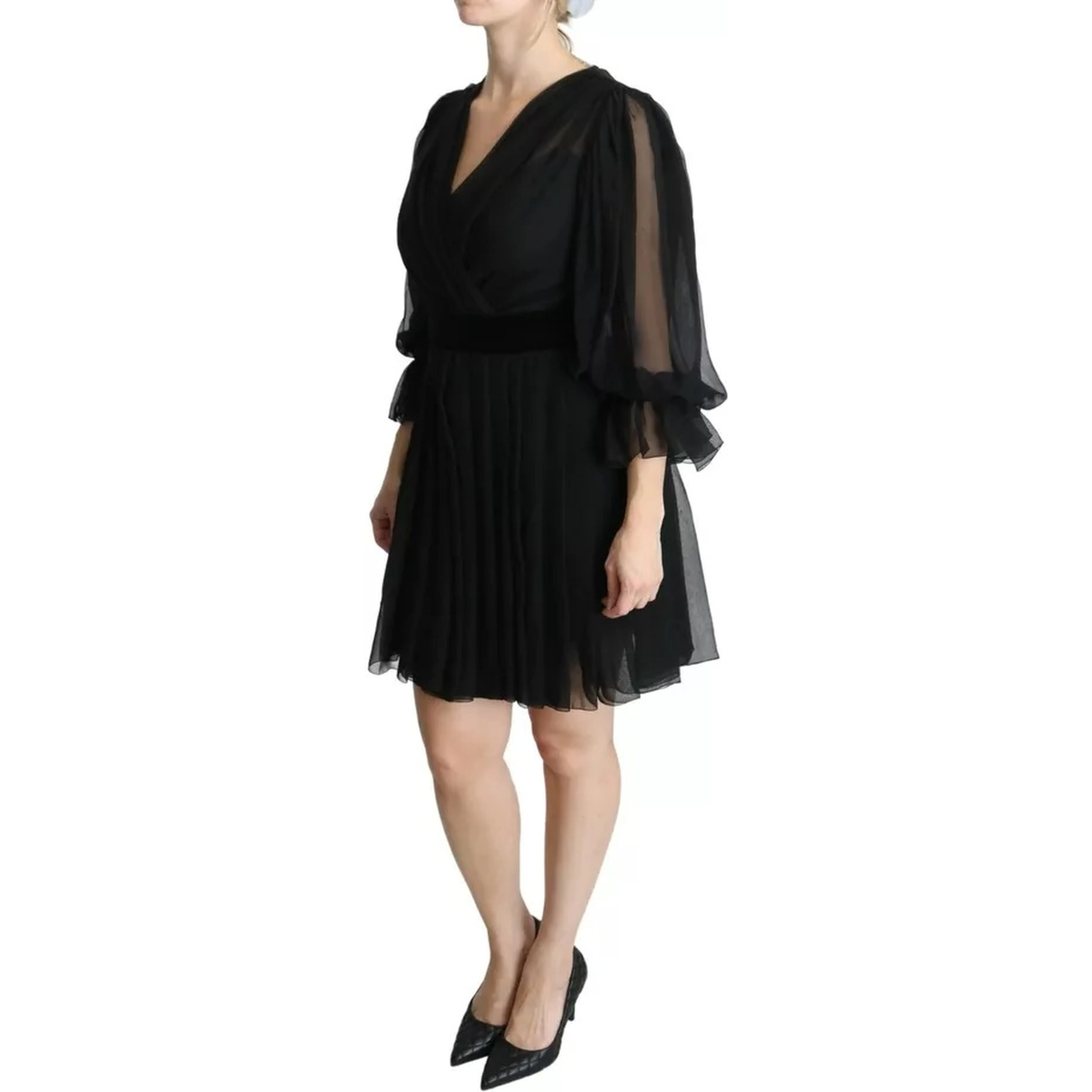 Black Mesh Pleated Mini Silk Blend Dress