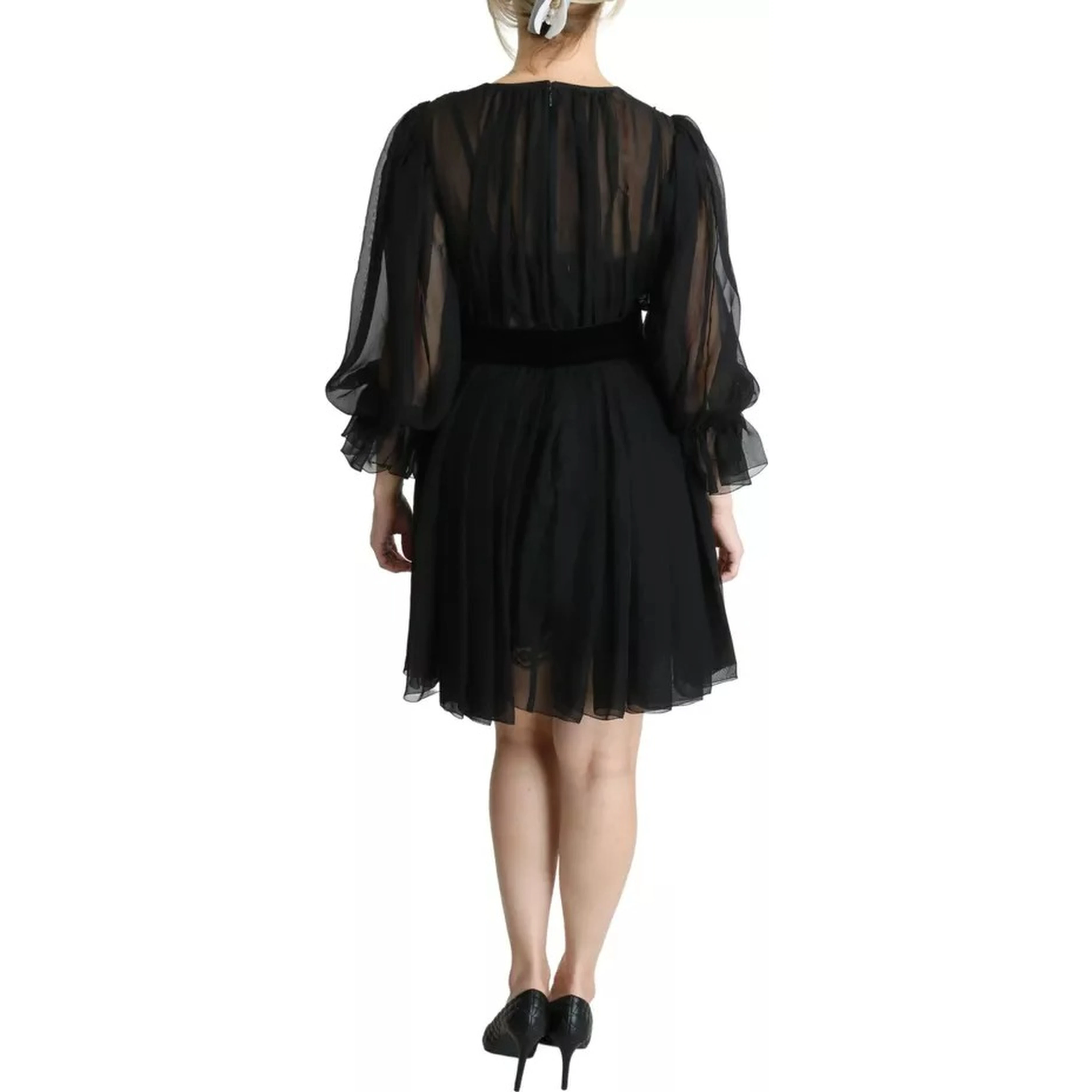 Black Mesh Pleated Mini Silk Blend Dress