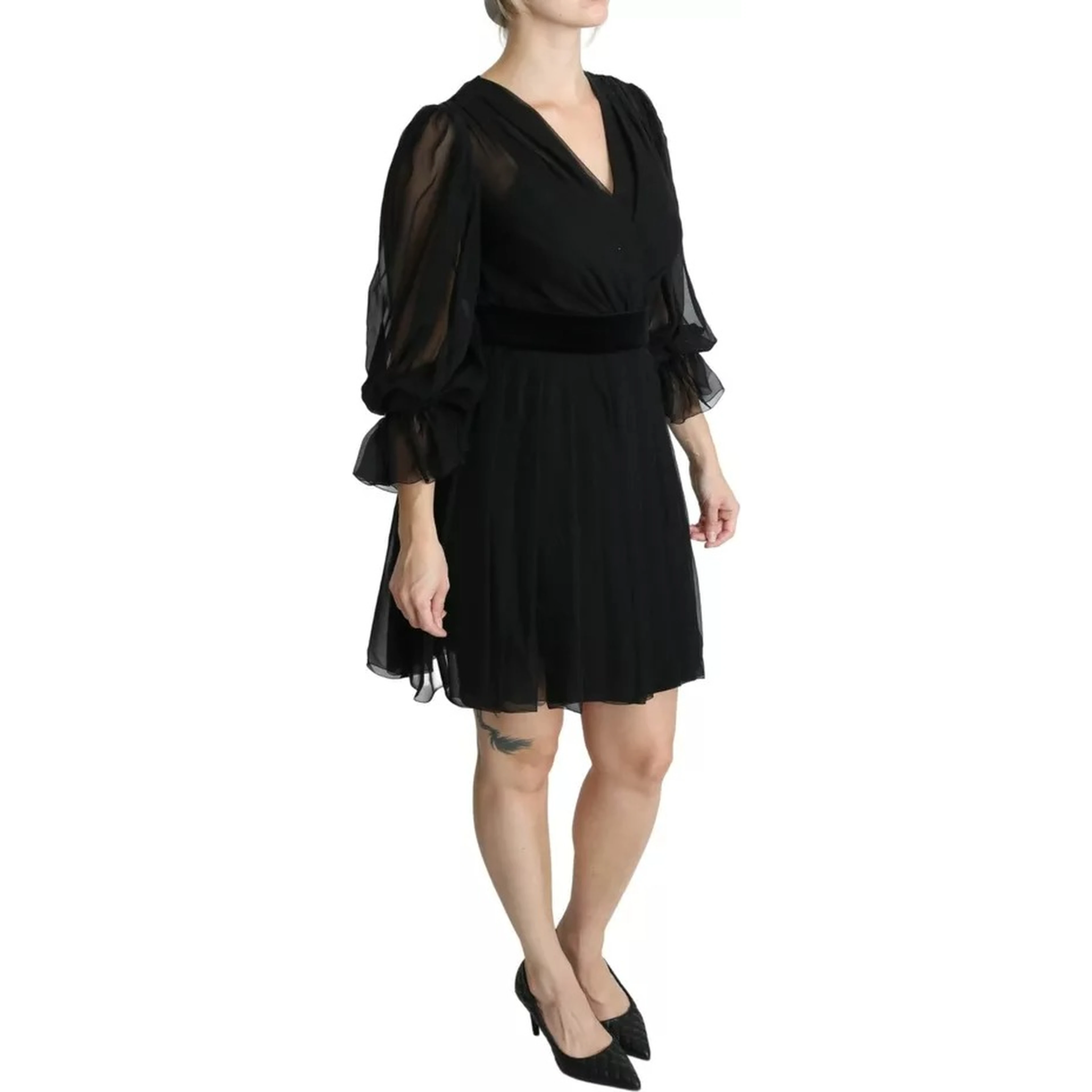Black Mesh Pleated Mini Silk Blend Dress