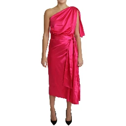 Fuchsia Fitted Cut One Shoulder Midi Dress