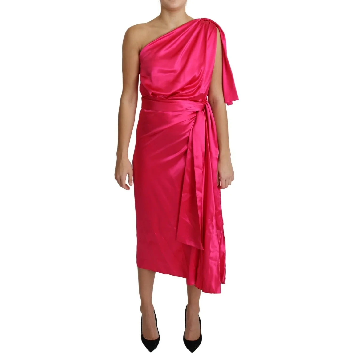 Fuchsia Fitted Cut One Shoulder Midi Dress