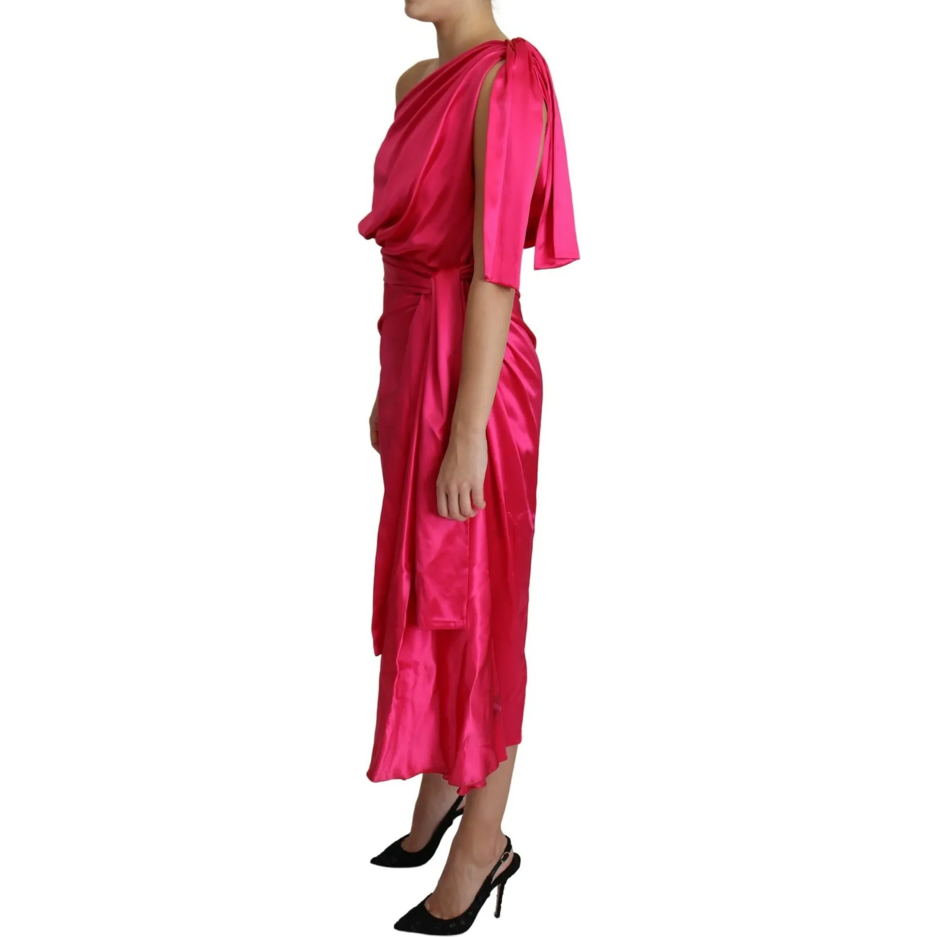 Fuchsia Fitted Cut One Shoulder Midi Dress