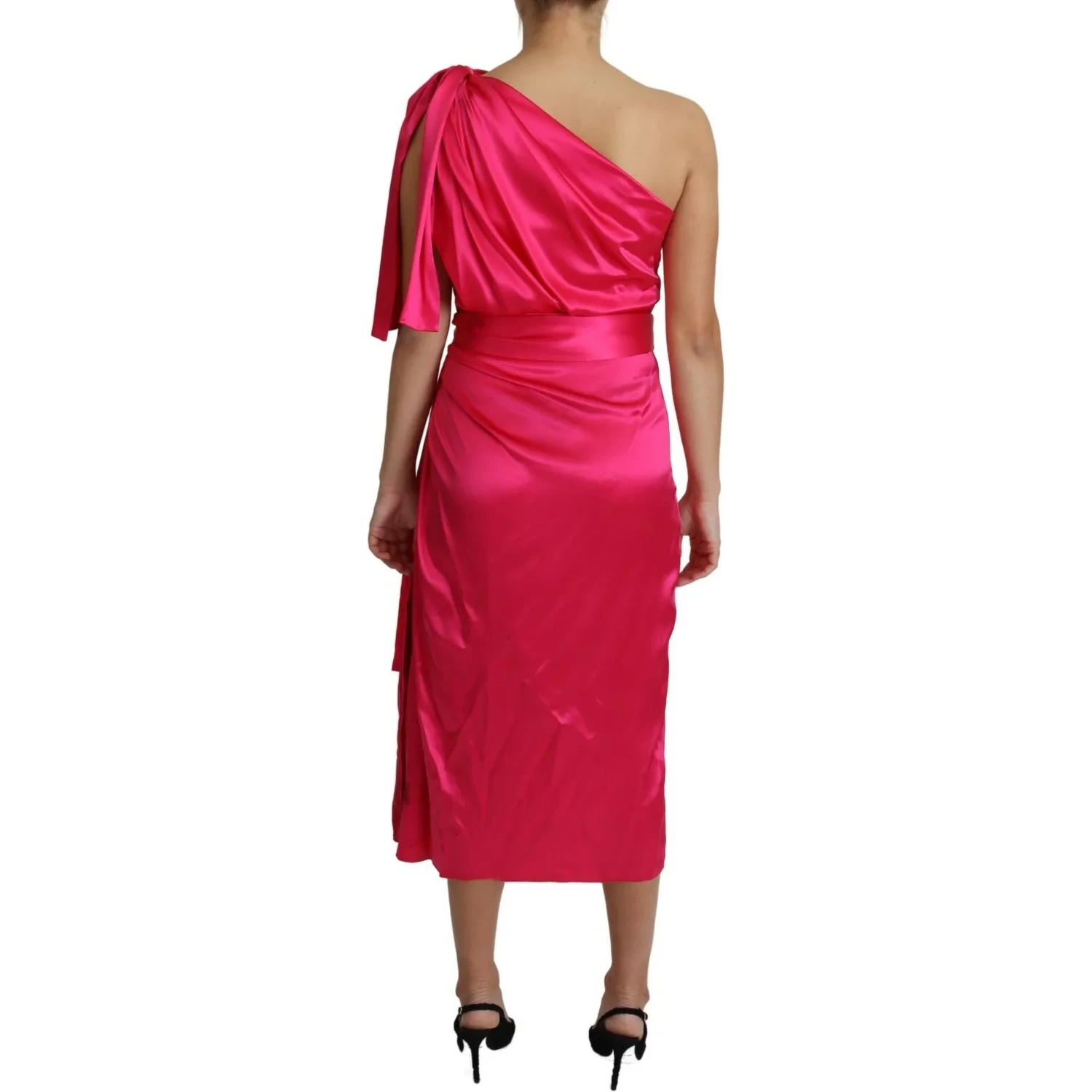 Fuchsia Fitted Cut One Shoulder Midi Dress