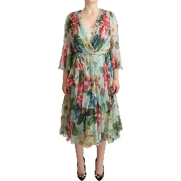 Green Floral Long Sleeve V-neck Midi Dress