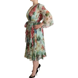 Green Floral Long Sleeve V-neck Midi Dress