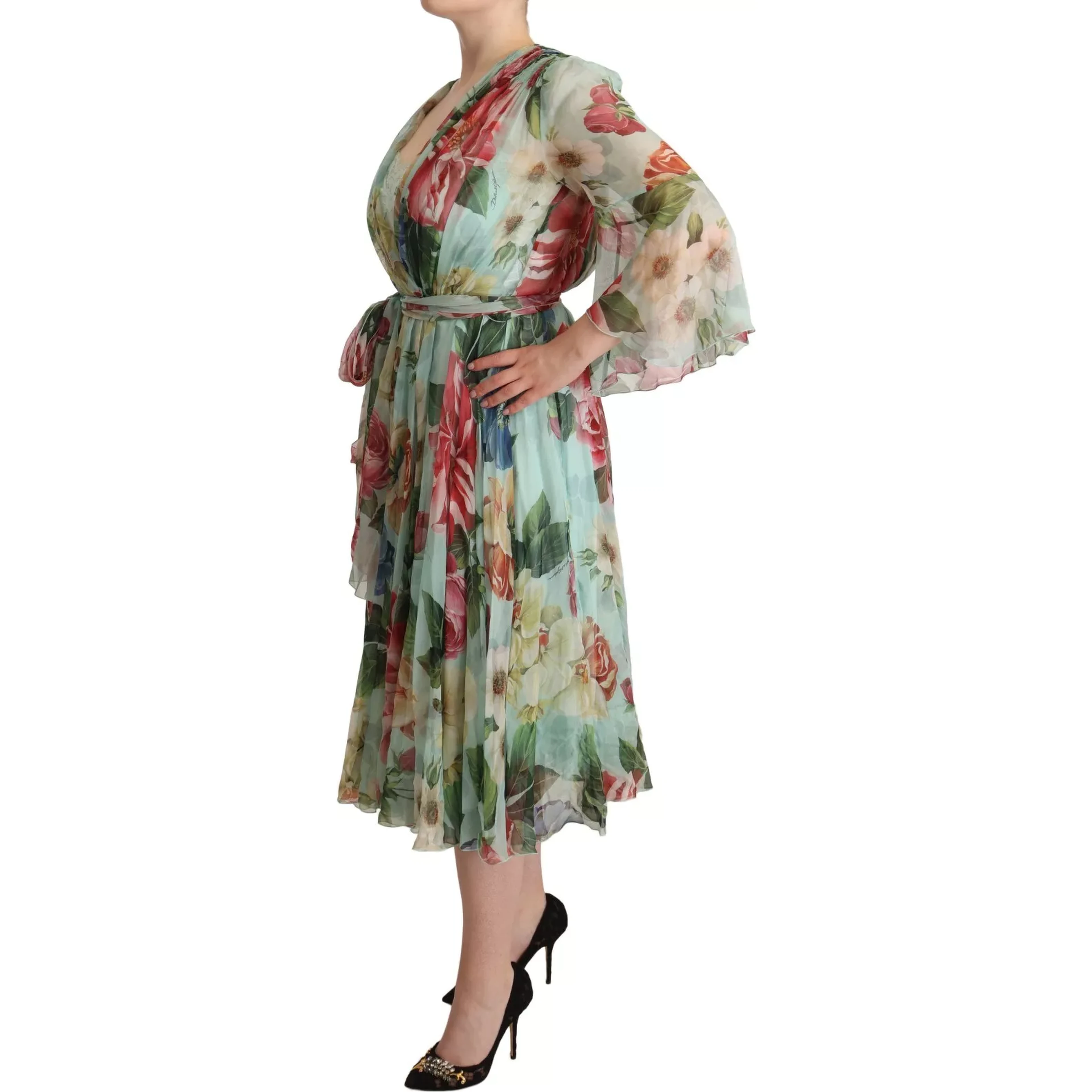 Green Floral Long Sleeve V-neck Midi Dress