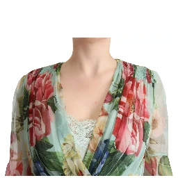 Green Floral Long Sleeve V-neck Midi Dress