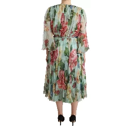 Green Floral Long Sleeve V-neck Midi Dress