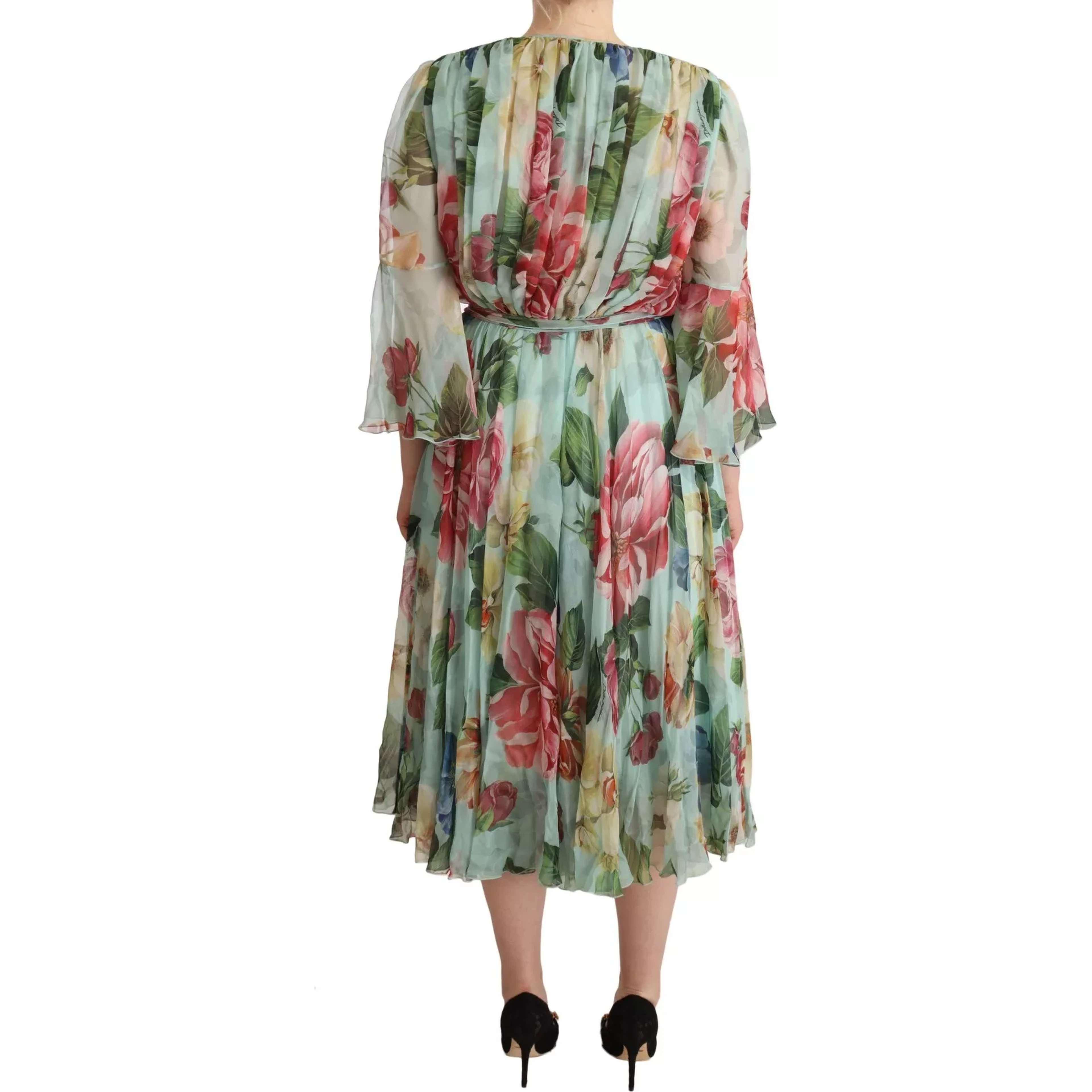 Green Floral Long Sleeve V-neck Midi Dress