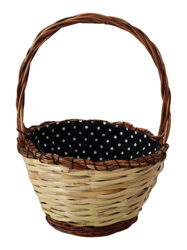 Beige Wood Wicker Rattan Basket Tote Bag