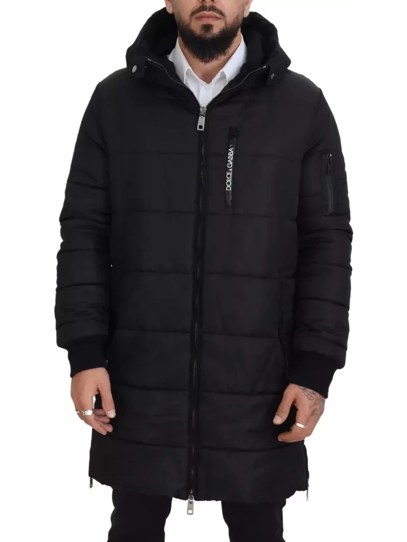 Black Nylon Hooded Parka Coat Winter Jacket