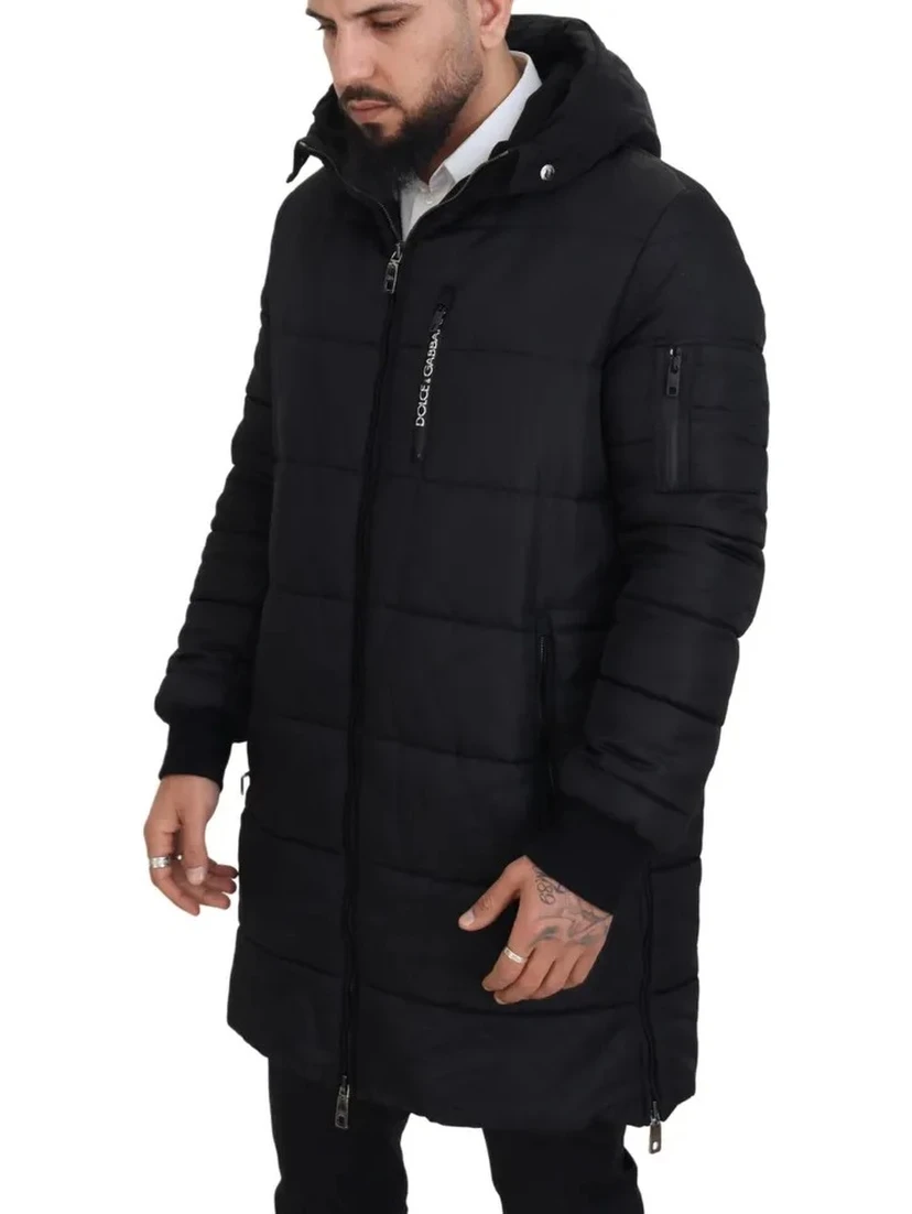 Black Nylon Hooded Parka Coat Winter Jacket