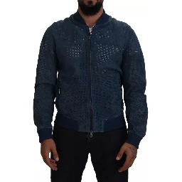 Blue Leather Perforated Full Zip Jacket