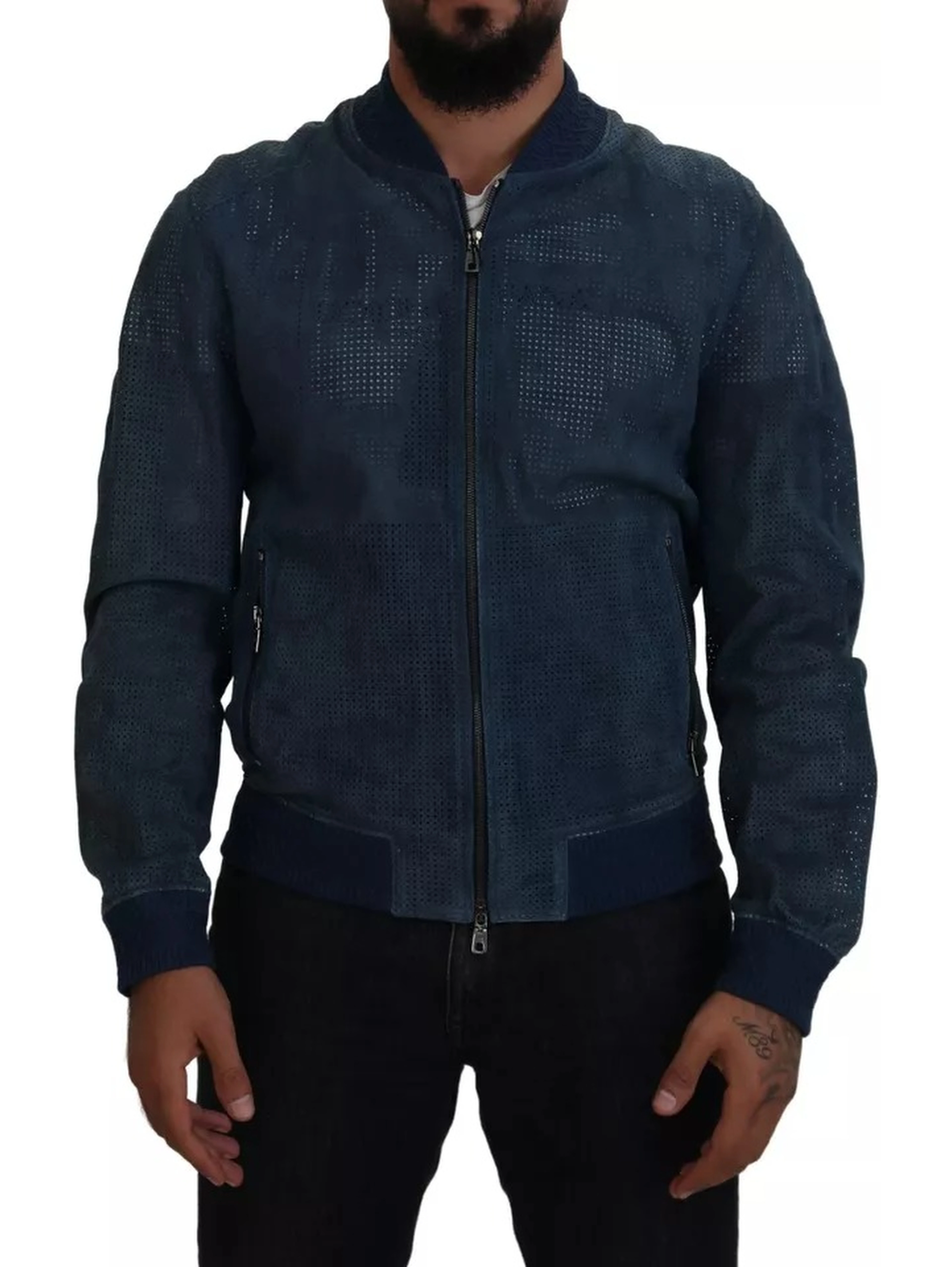 Blue Leather Perforated Full Zip Jacket