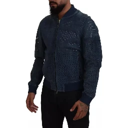 Blue Leather Perforated Full Zip Jacket