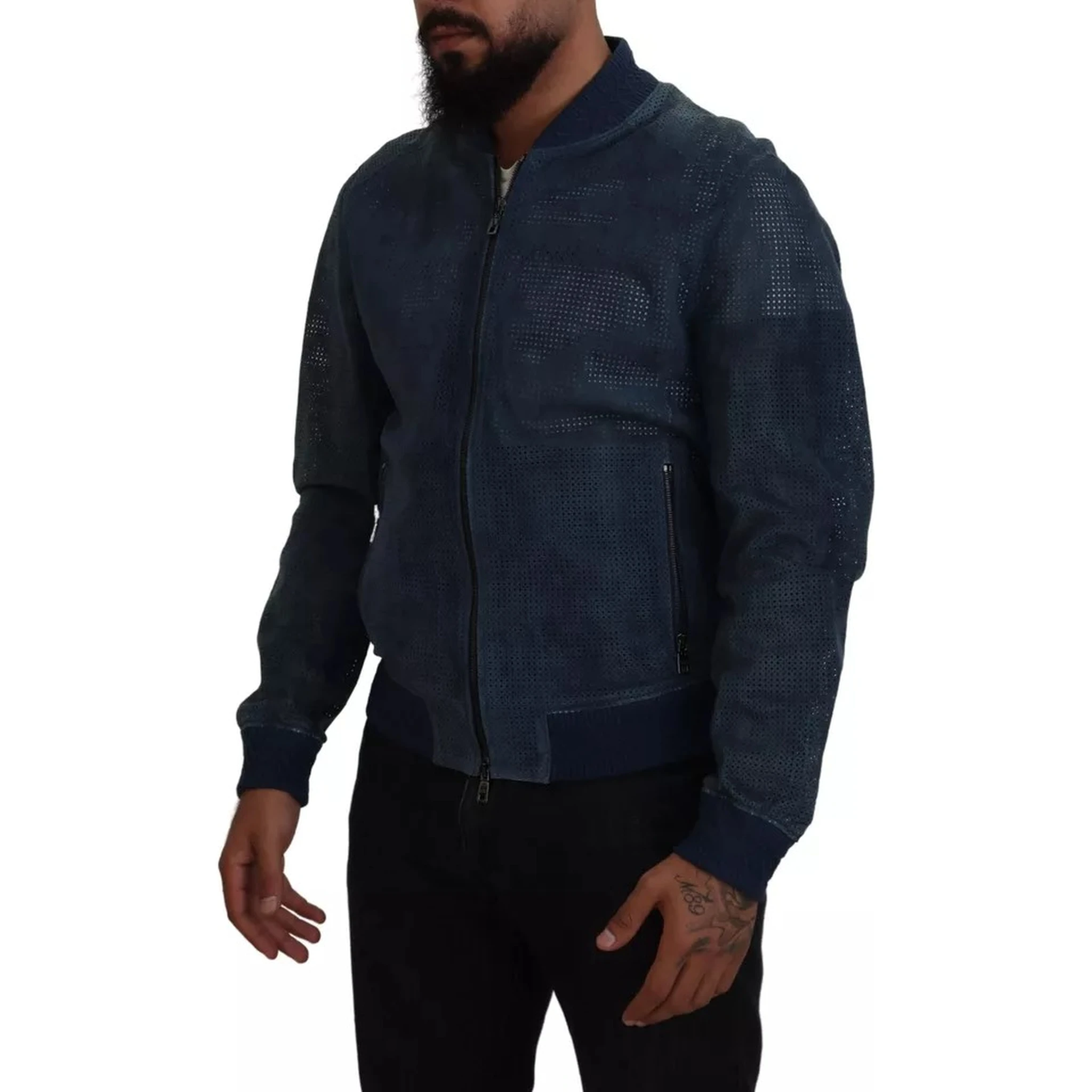 Blue Leather Perforated Full Zip Jacket