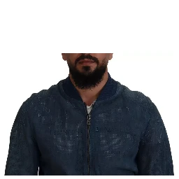 Blue Leather Perforated Full Zip Jacket
