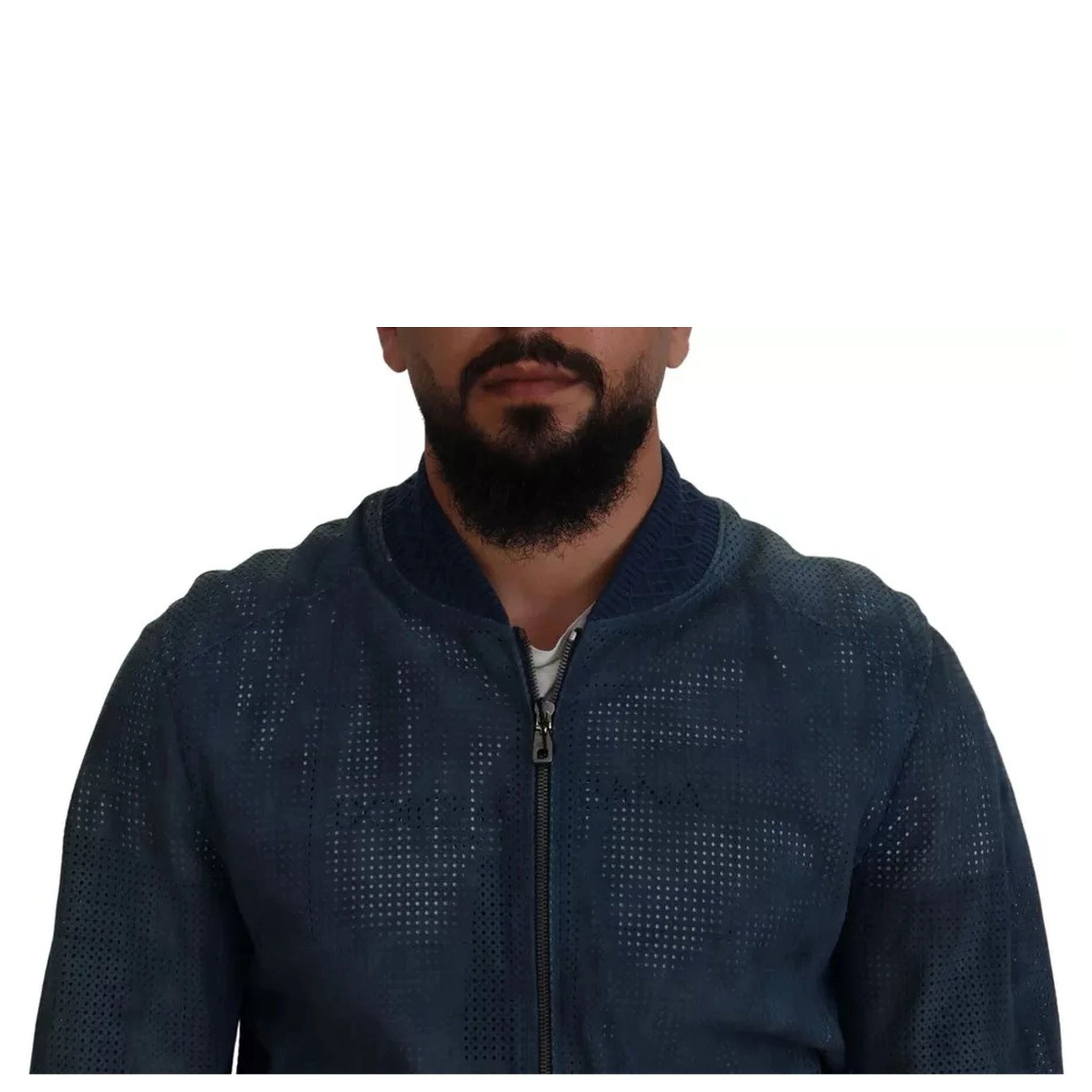 Blue Leather Perforated Full Zip Jacket