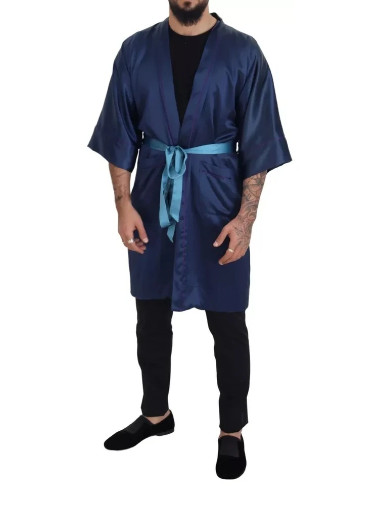 Blue Satin Silk Waist Belt Robe Jacket