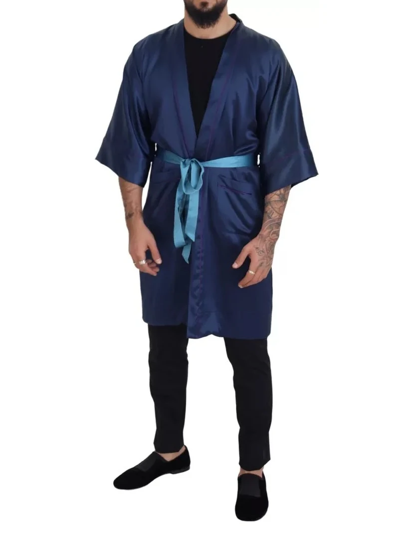 Blue Satin Silk Waist Belt Robe Jacket