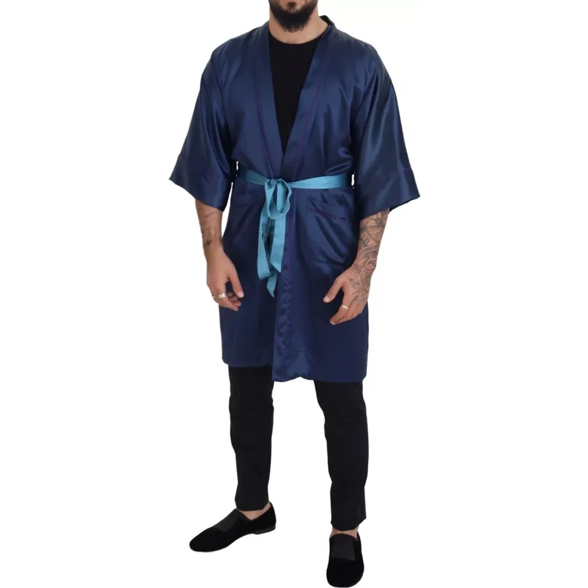 Blue Satin Silk Waist Belt Robe Jacket
