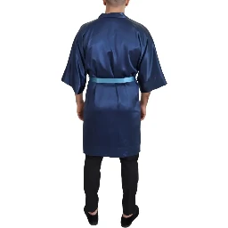Blue Satin Silk Waist Belt Robe Jacket