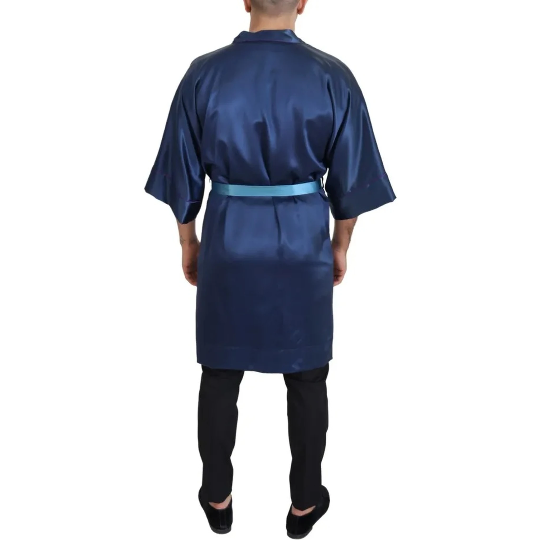 Blue Satin Silk Waist Belt Robe Jacket