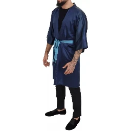 Blue Satin Silk Waist Belt Robe Jacket