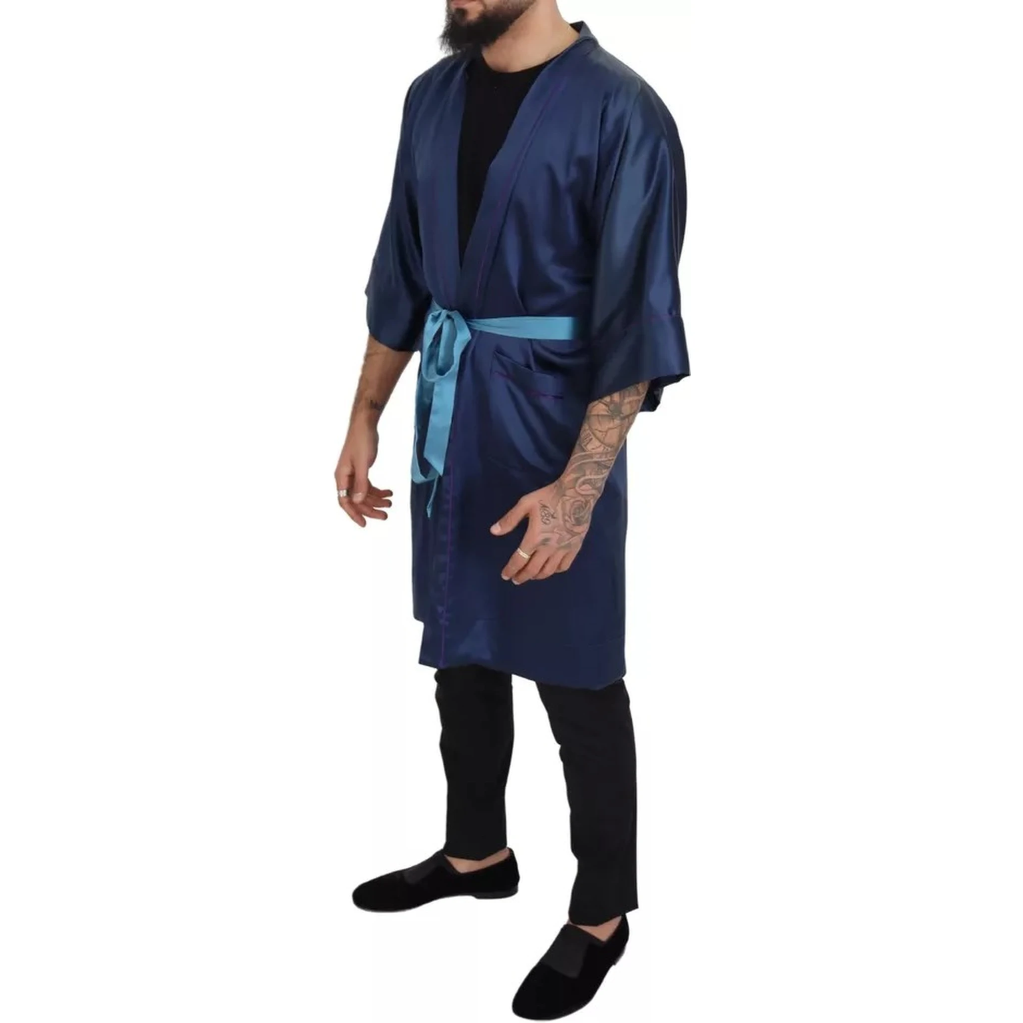 Blue Satin Silk Waist Belt Robe Jacket