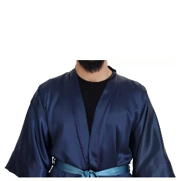 Blue Satin Silk Waist Belt Robe Jacket