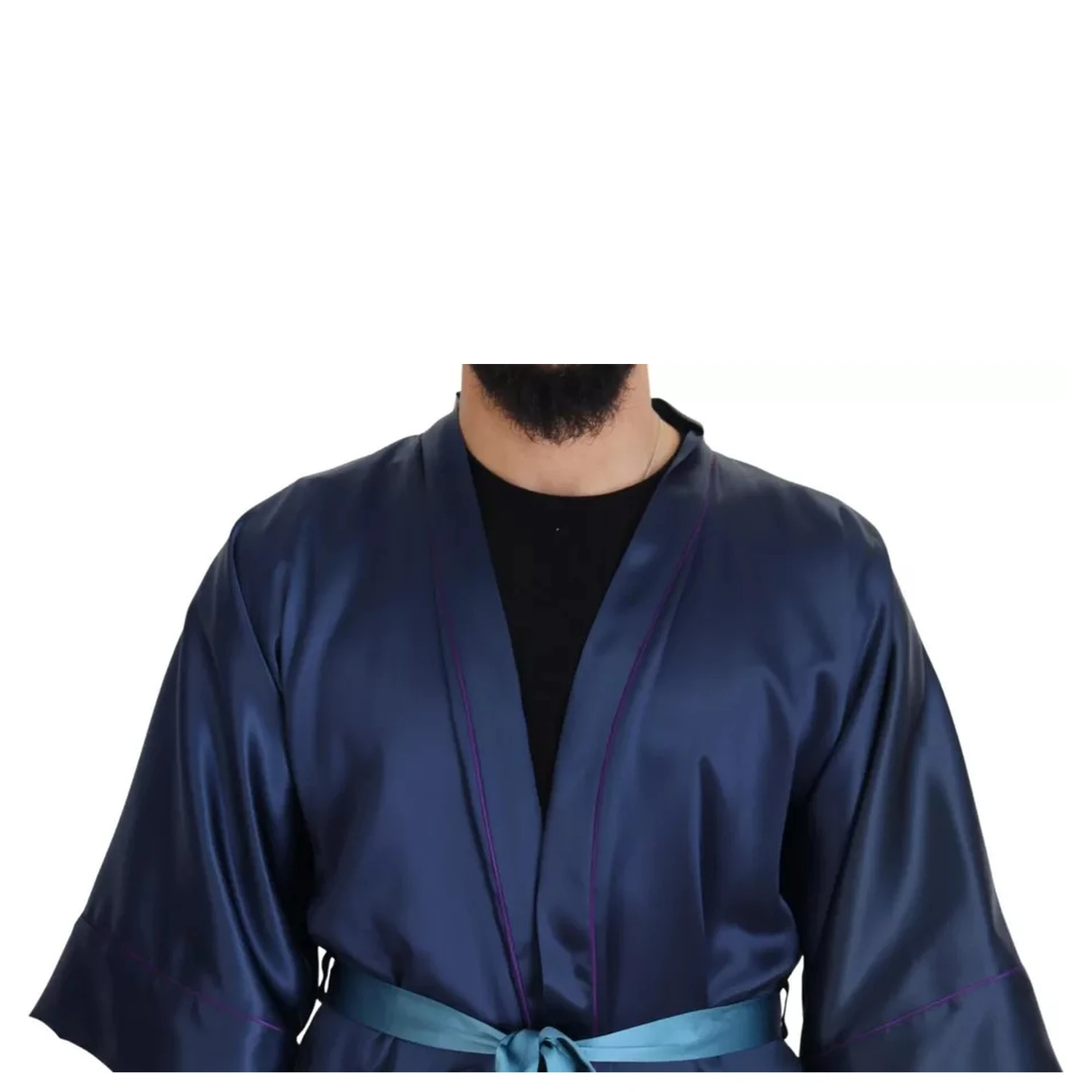 Blue Satin Silk Waist Belt Robe Jacket