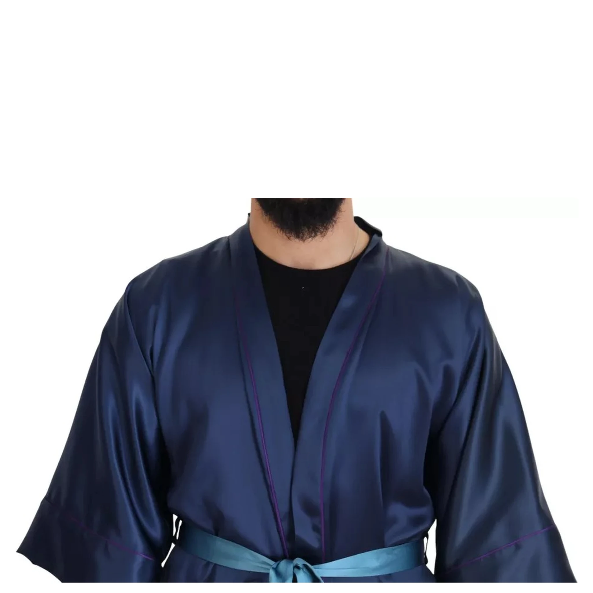 Blue Satin Silk Waist Belt Robe Jacket