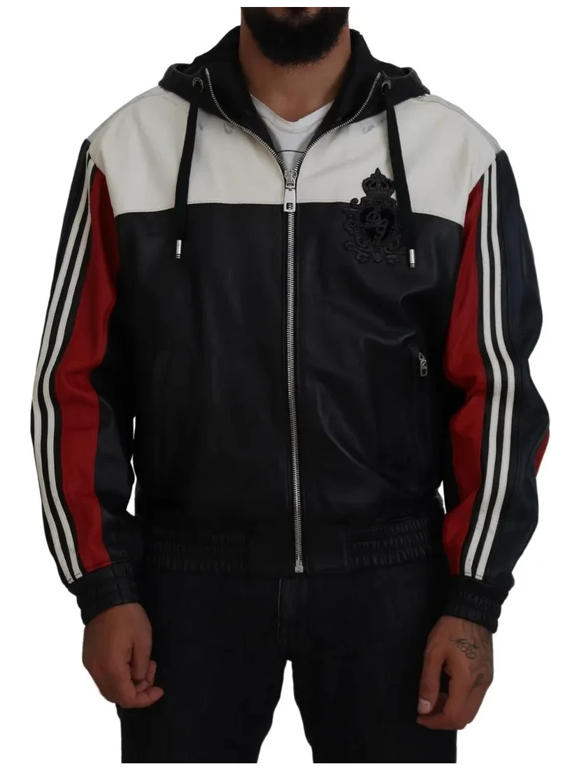 Black Leather Hooded Blouson Coat Jacket