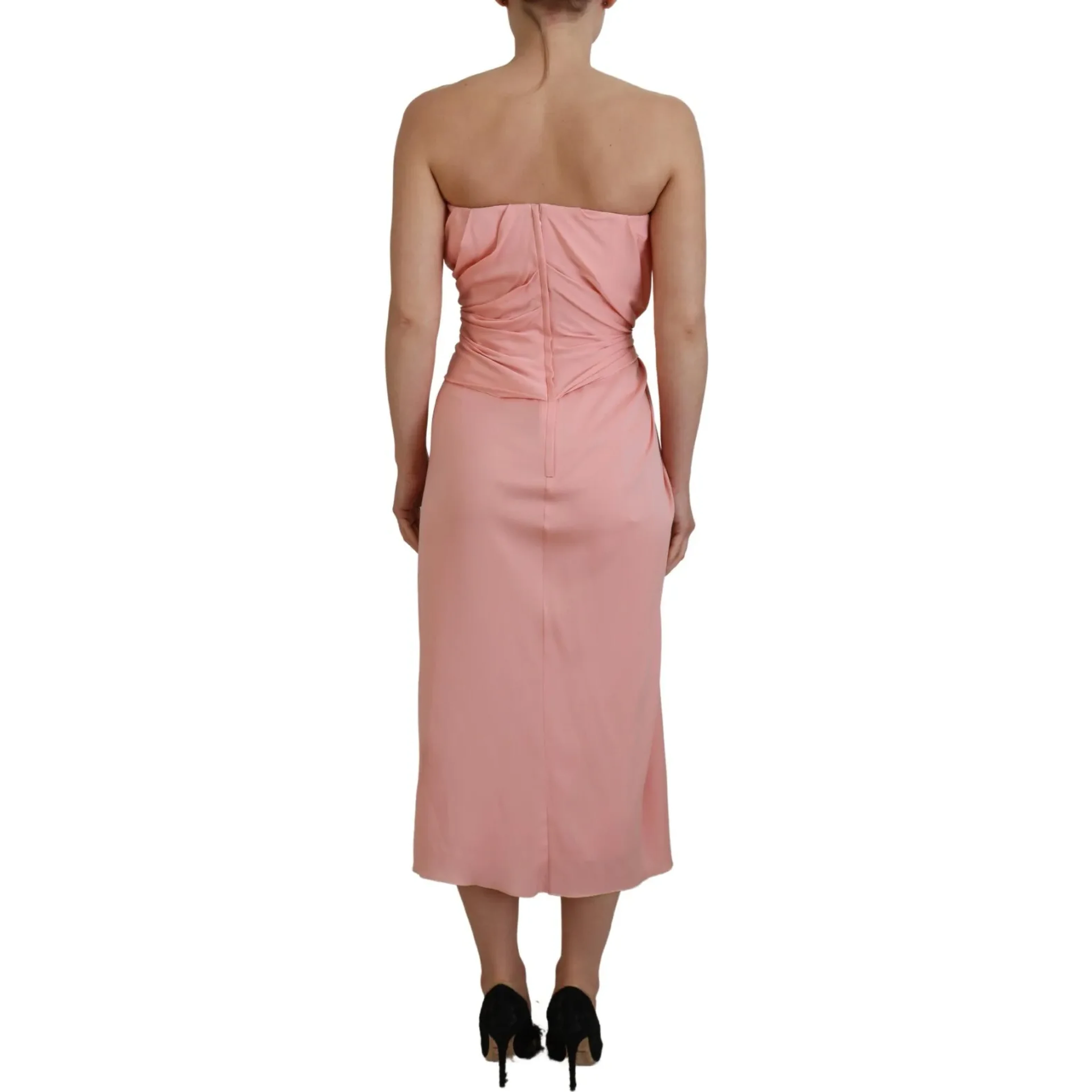 Pink Silk Stretch Strapless Sheath Midi Dress