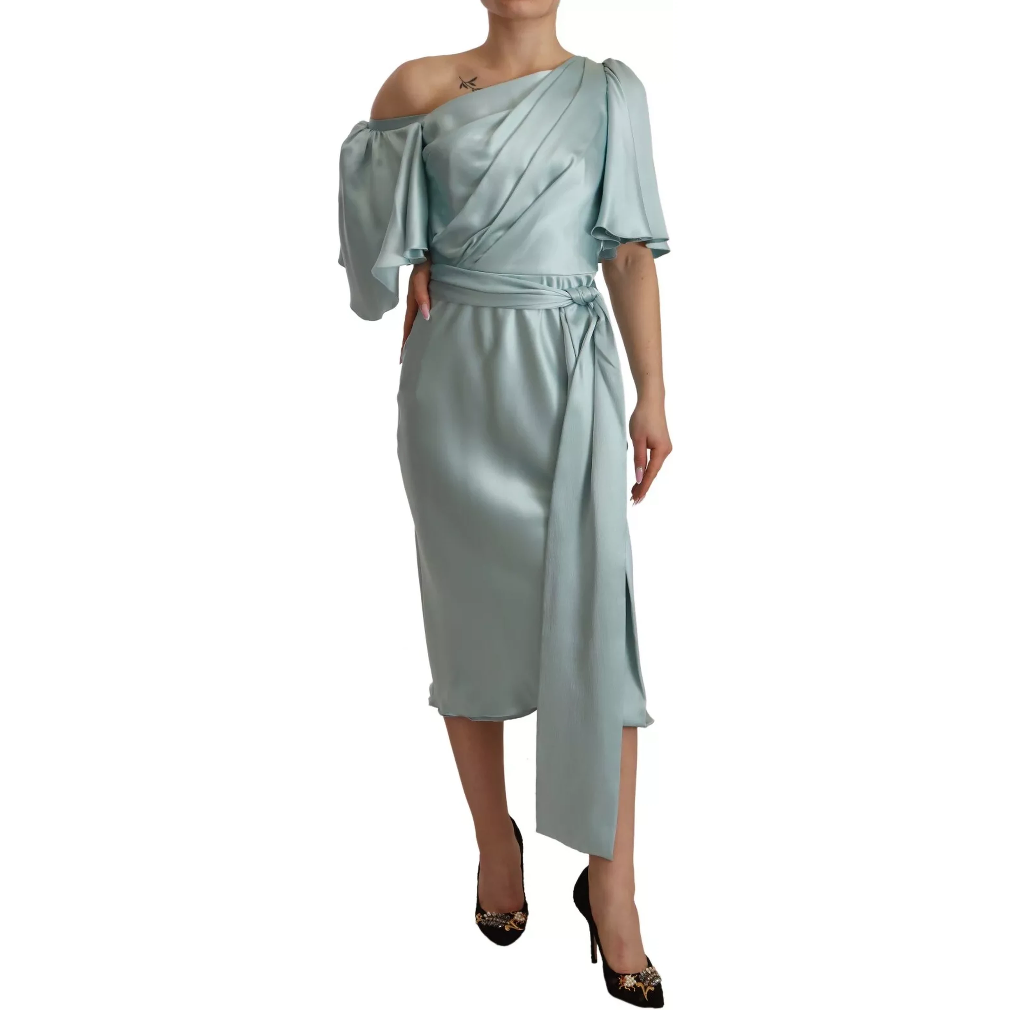 Silk Mint Green Fit Cut One Shoulder Midi Dress