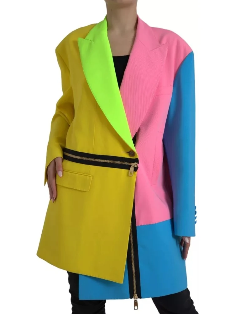 Multicolor Patchwork Peak Lapel Coat Jacket