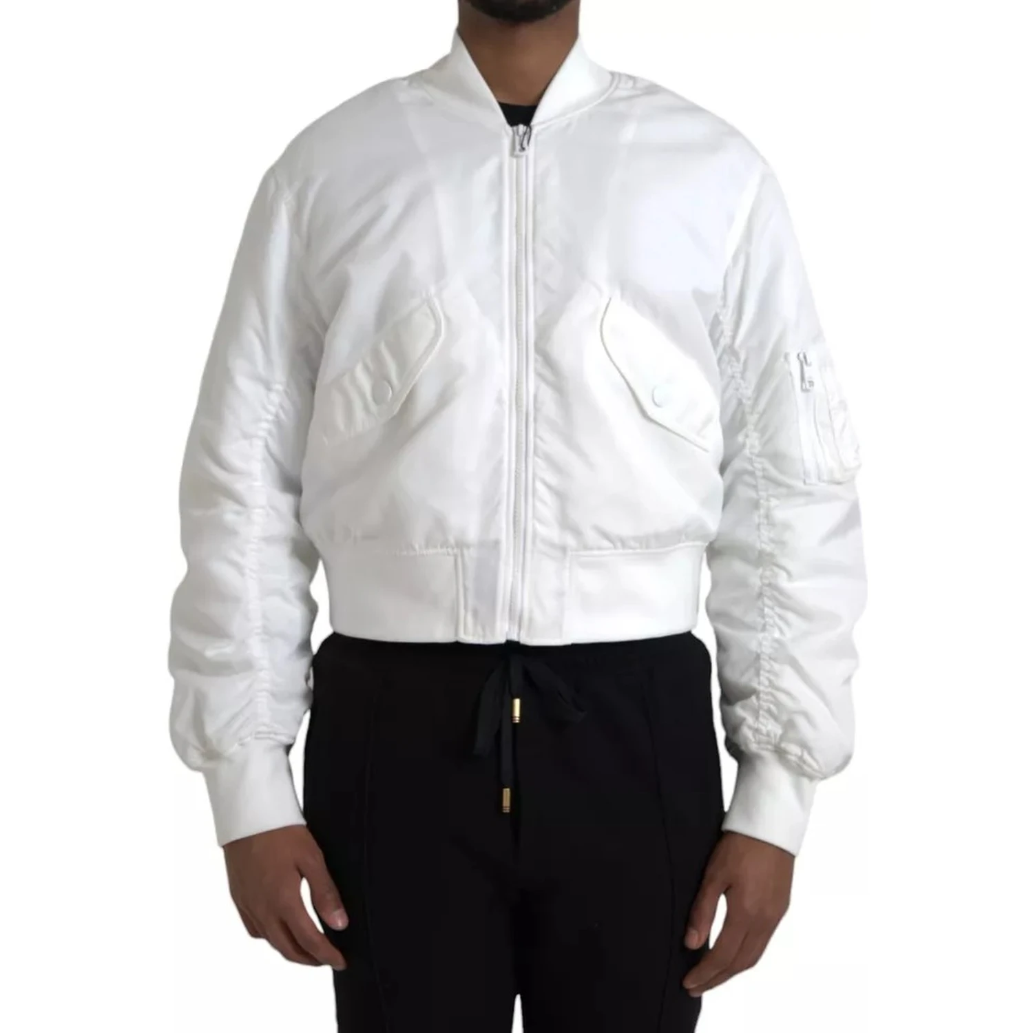 White Bomber Long Sleeves Full Zip Jacket