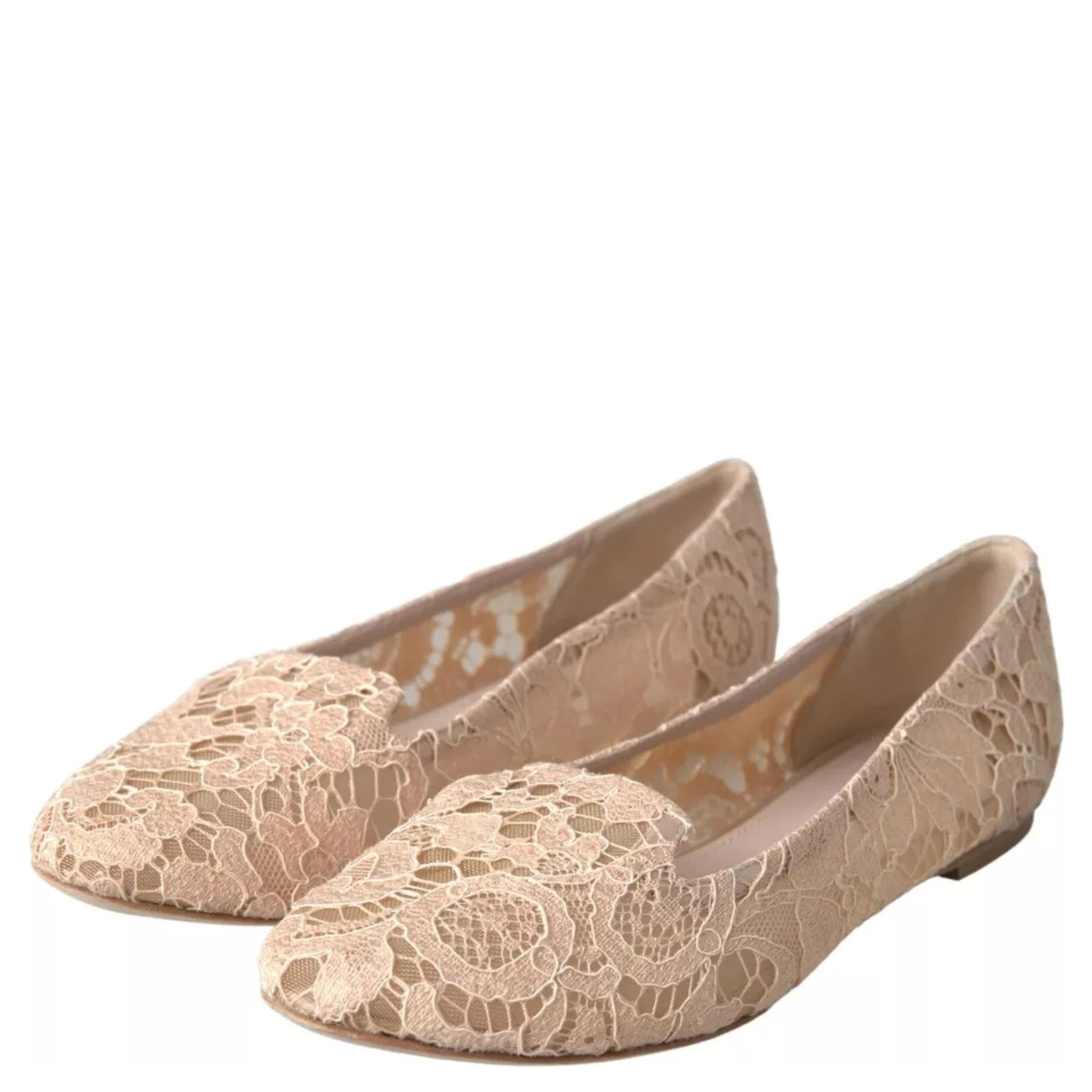 Beige Floral Lace Loafers Flats Shoes