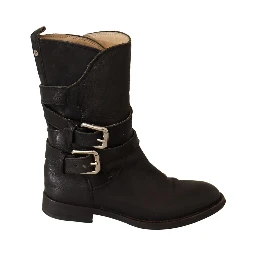 Black Leather Buckle Mid Calf Boots Shoes