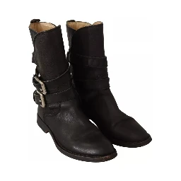 Black Leather Buckle Mid Calf Boots Shoes