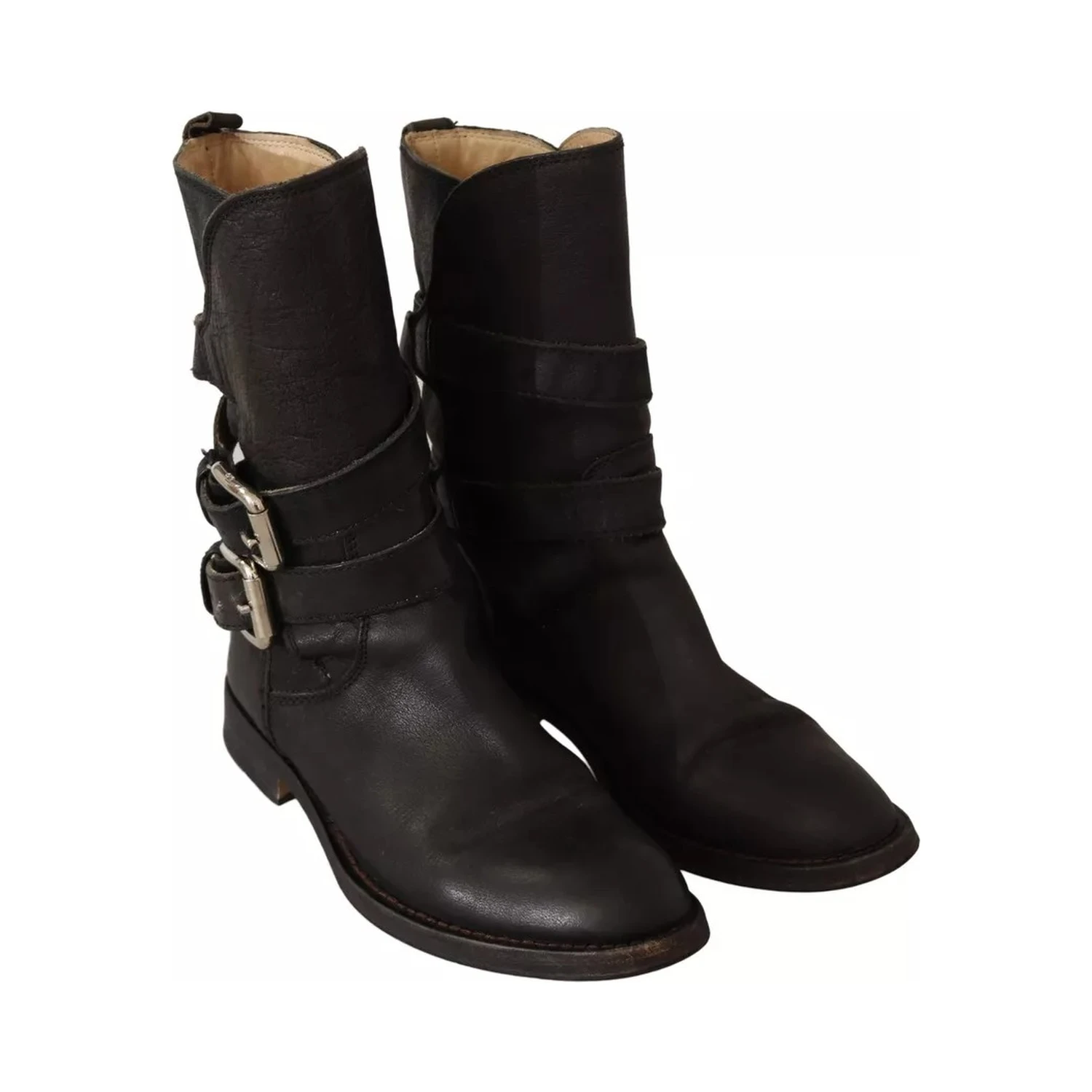 Black Leather Buckle Mid Calf Boots Shoes