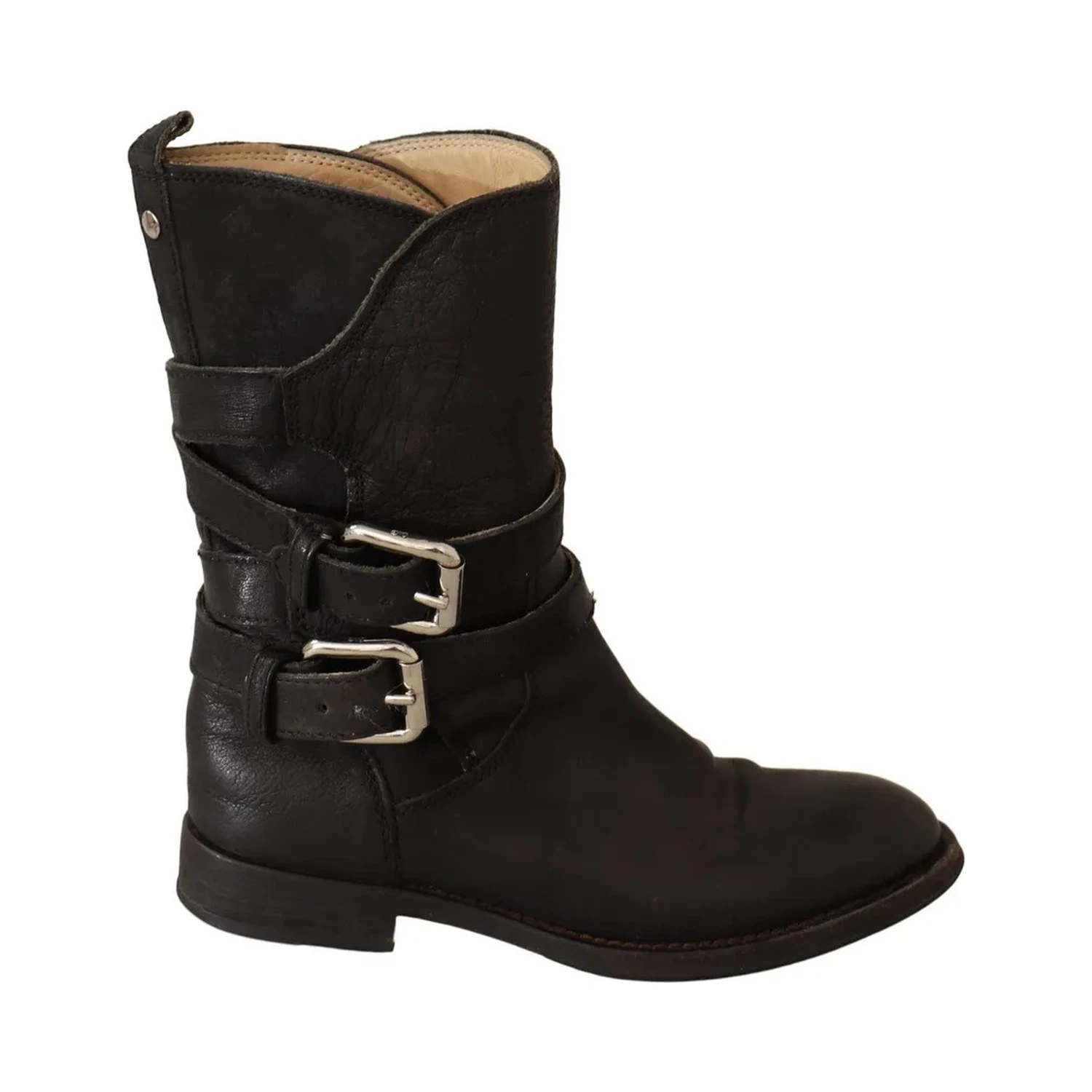 Black Leather Buckle Mid Calf Boots Shoes