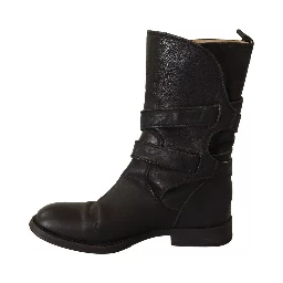 Black Leather Buckle Mid Calf Boots Shoes