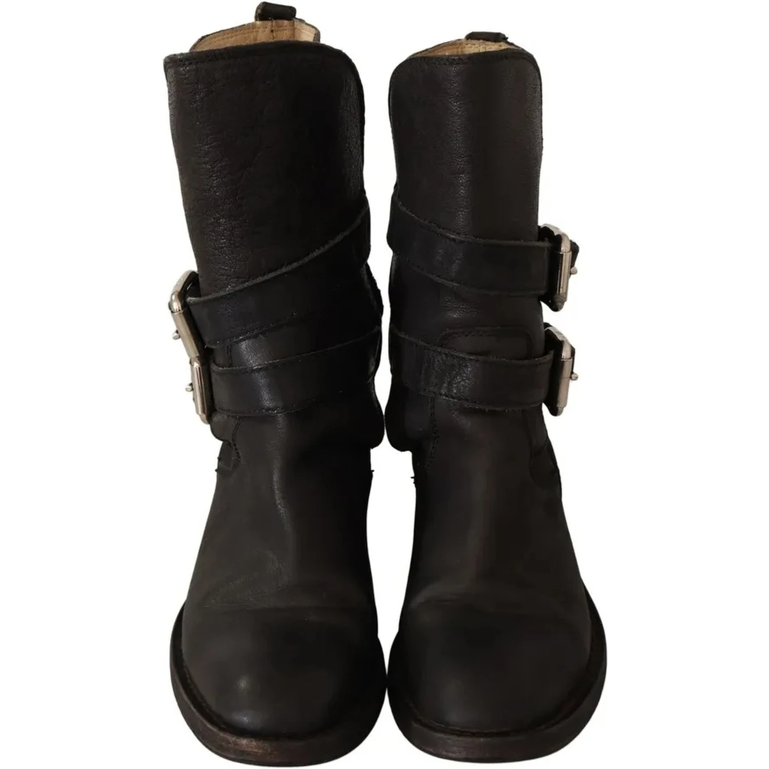 Black Leather Buckle Mid Calf Boots Shoes