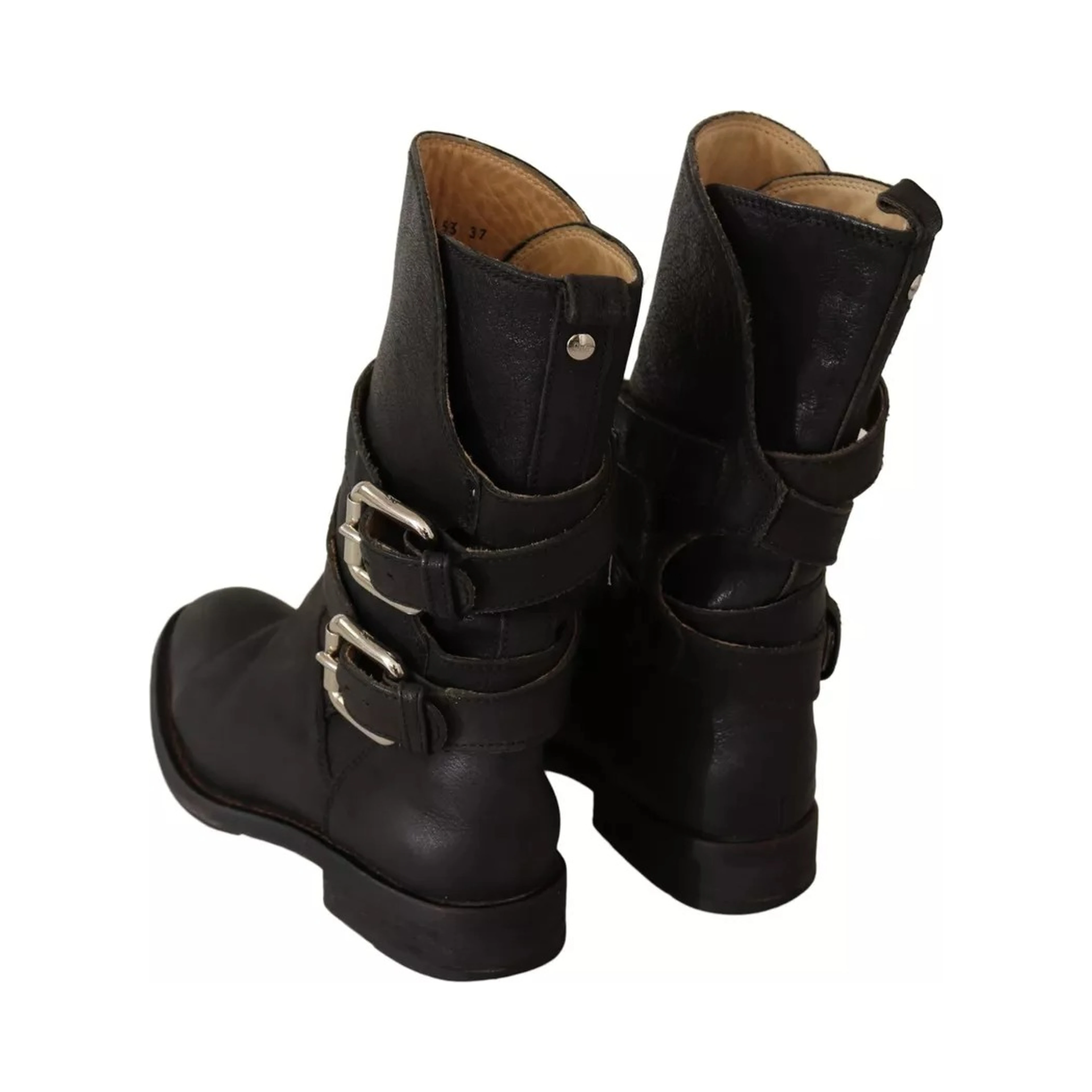 Black Leather Buckle Mid Calf Boots Shoes