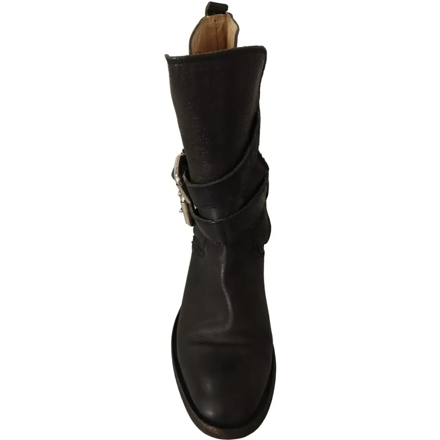 Black Leather Buckle Mid Calf Boots Shoes